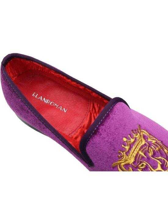 ELANROMAN Men\'s Purple Tiger Velvet Loafers Embroidery Slip on Penny Party Shoes